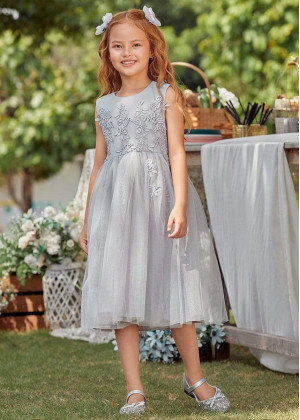 Gray Tulle Floral Applique Flower Girl Dress For Wedding